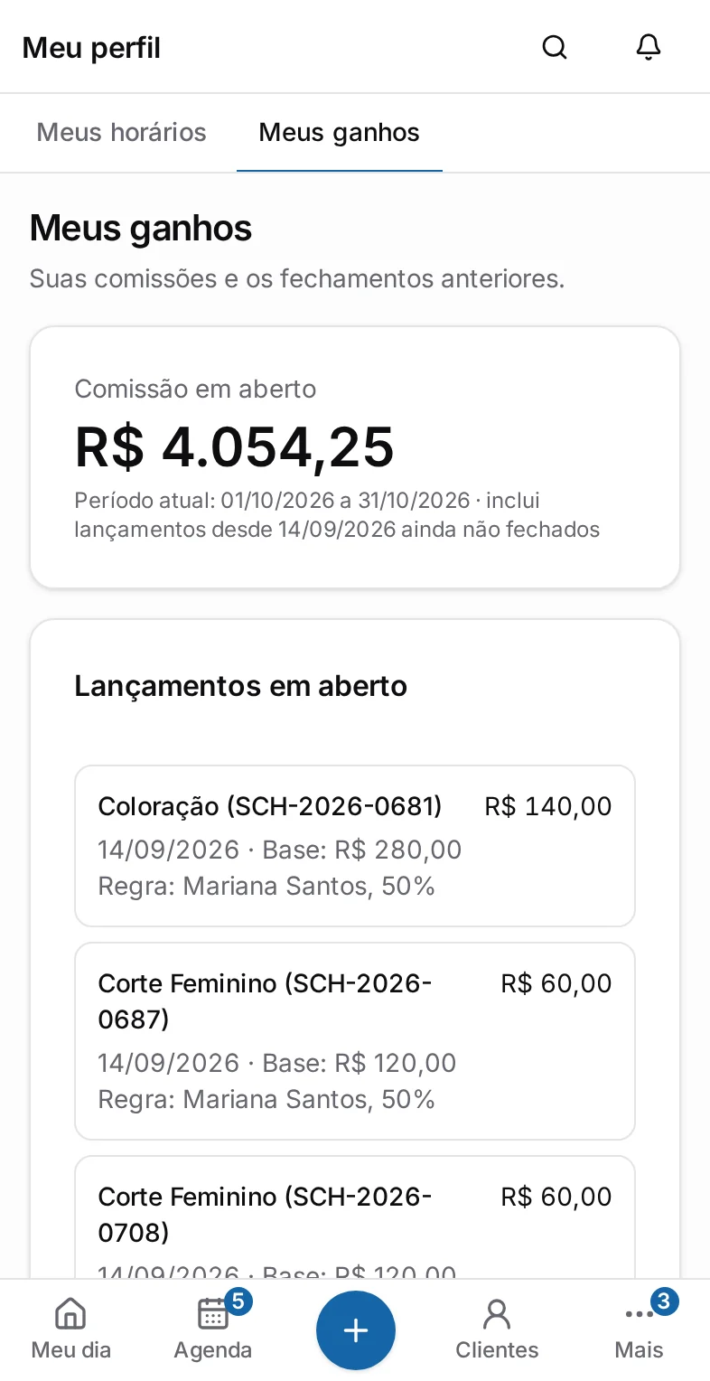 Tela Meus ganhos no celular, com a comissão em aberto do profissional