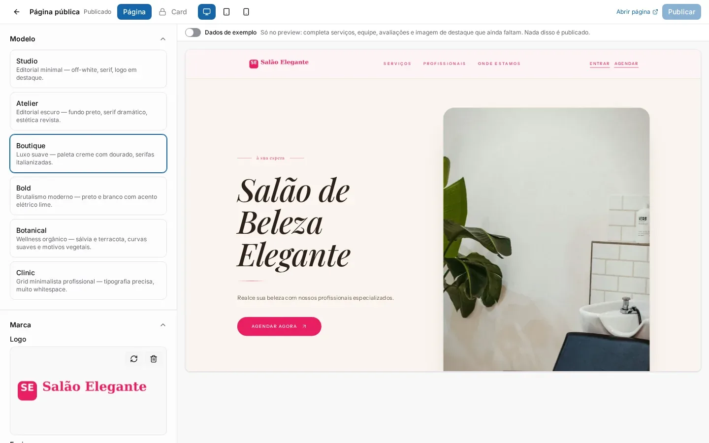 Editor da página de agendamento, com a prévia do modelo Boutique